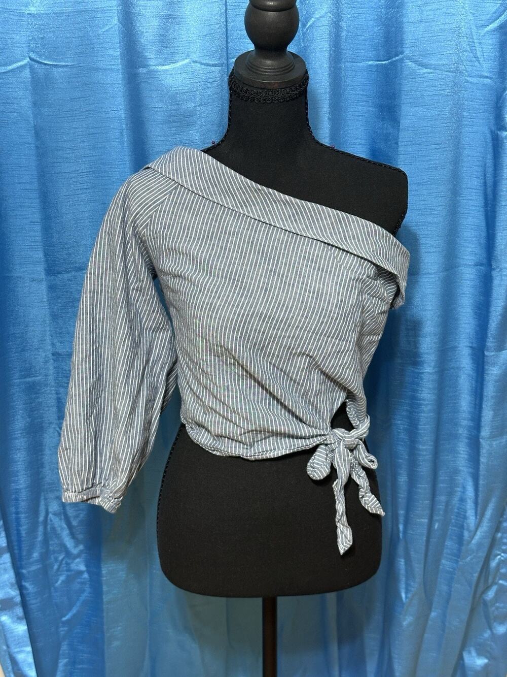 Free People Striped One Shoulder Tie Front Cropped Shirt Blue White SZ 4 Small